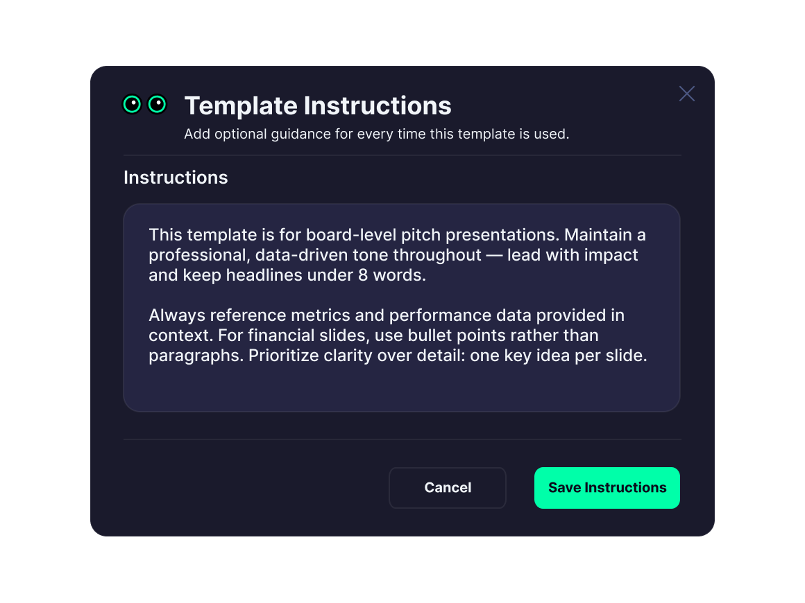 AI PowerPoint generator interface showing template configuration options