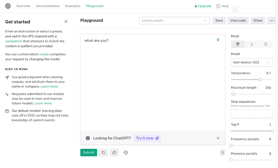 OpenAI's GPT Playground interface from 2022 showing the text input area and model controls