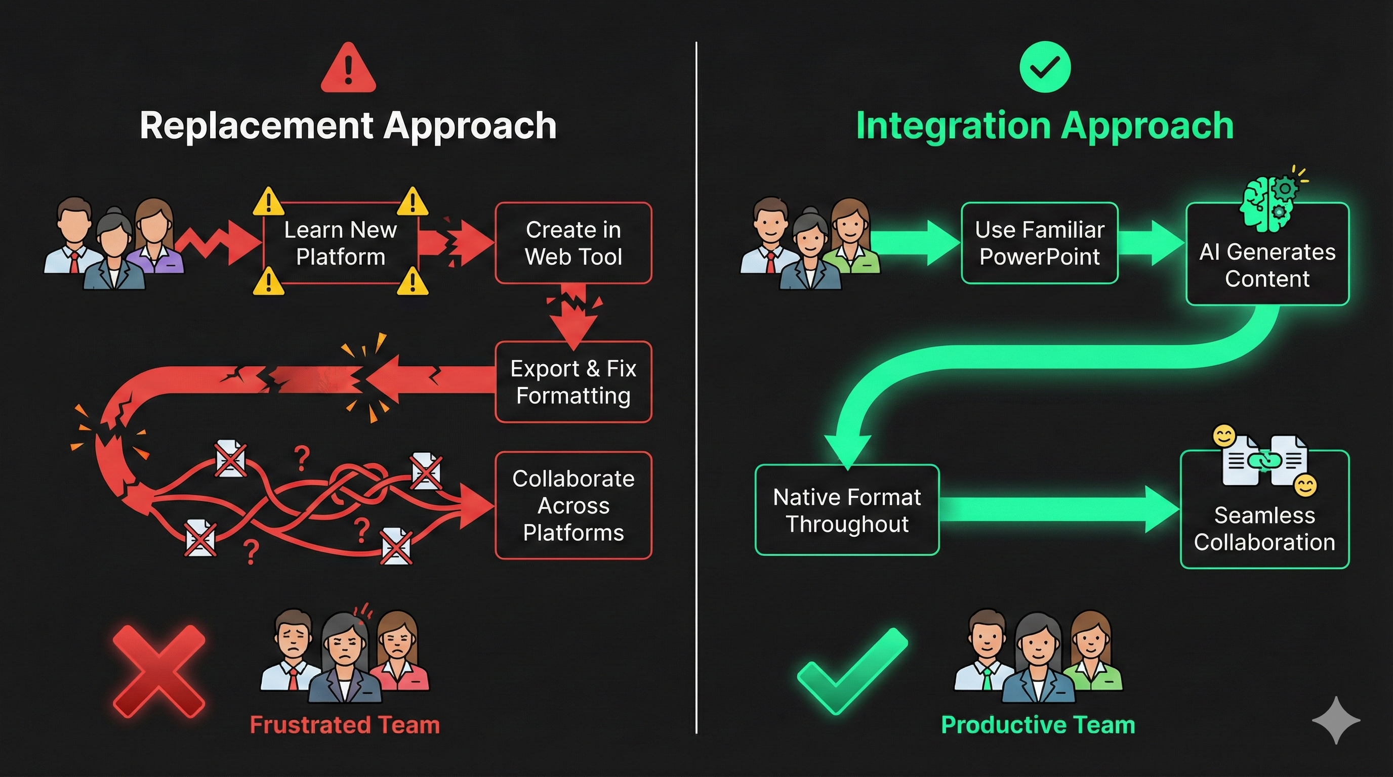 Comparison diagram showing disrupted workflow with replacement tools versus smooth workflow with integrated tools