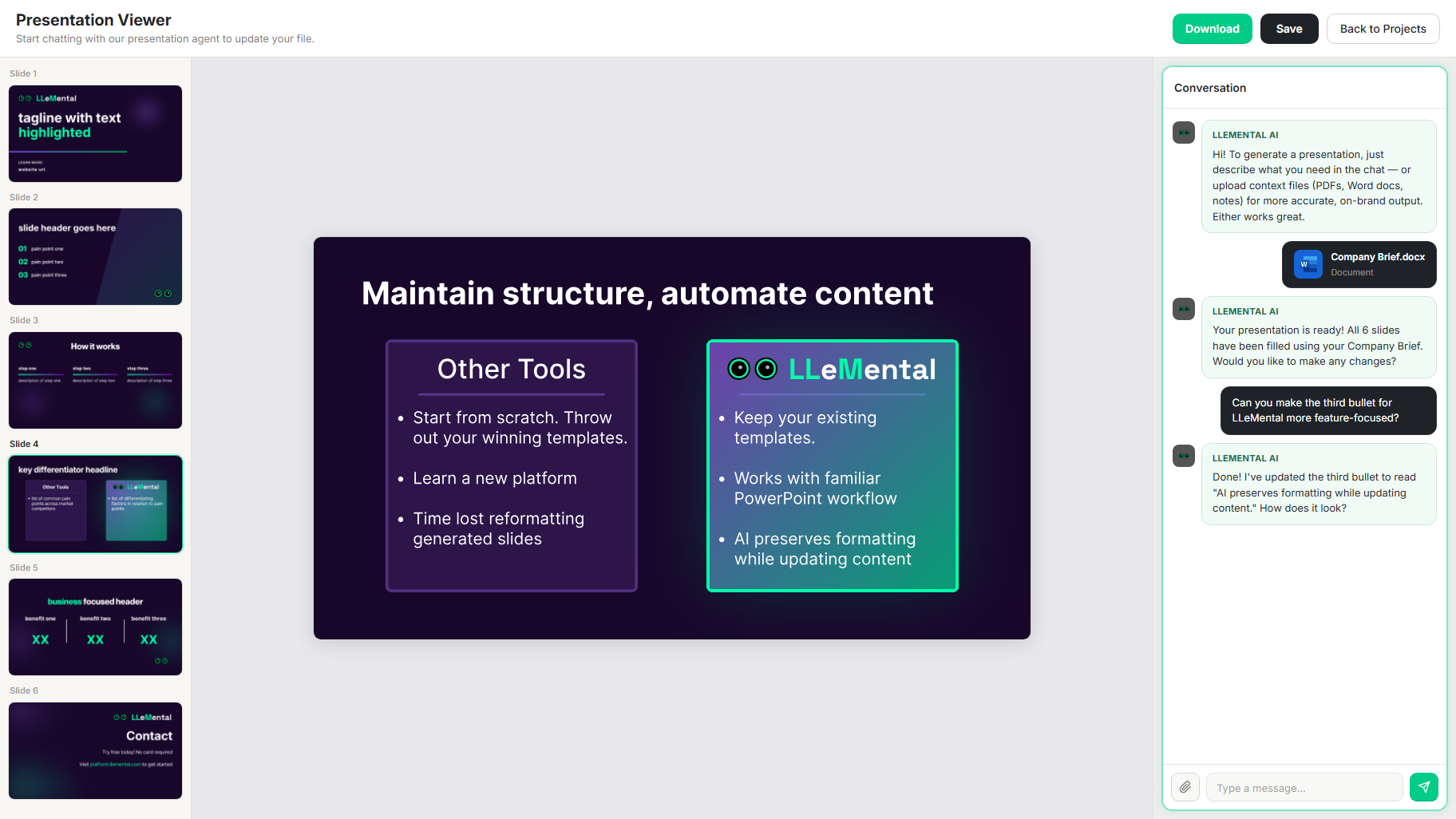 LLeMental proposal automation platform showing PowerPoint template upload — no setup required, generate immediately