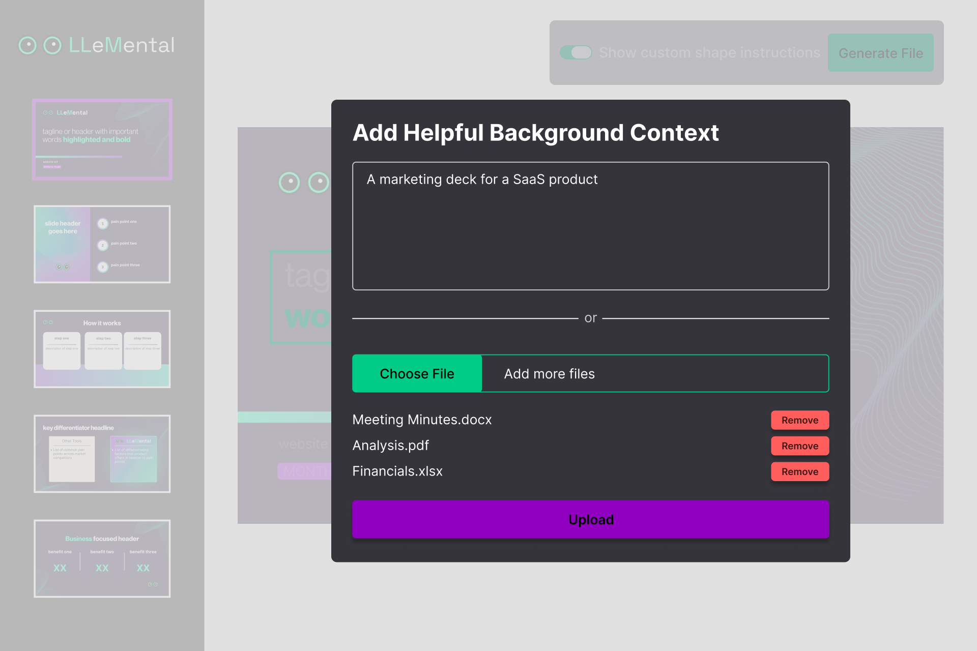 LLeMental document generation screen with file upload and context input