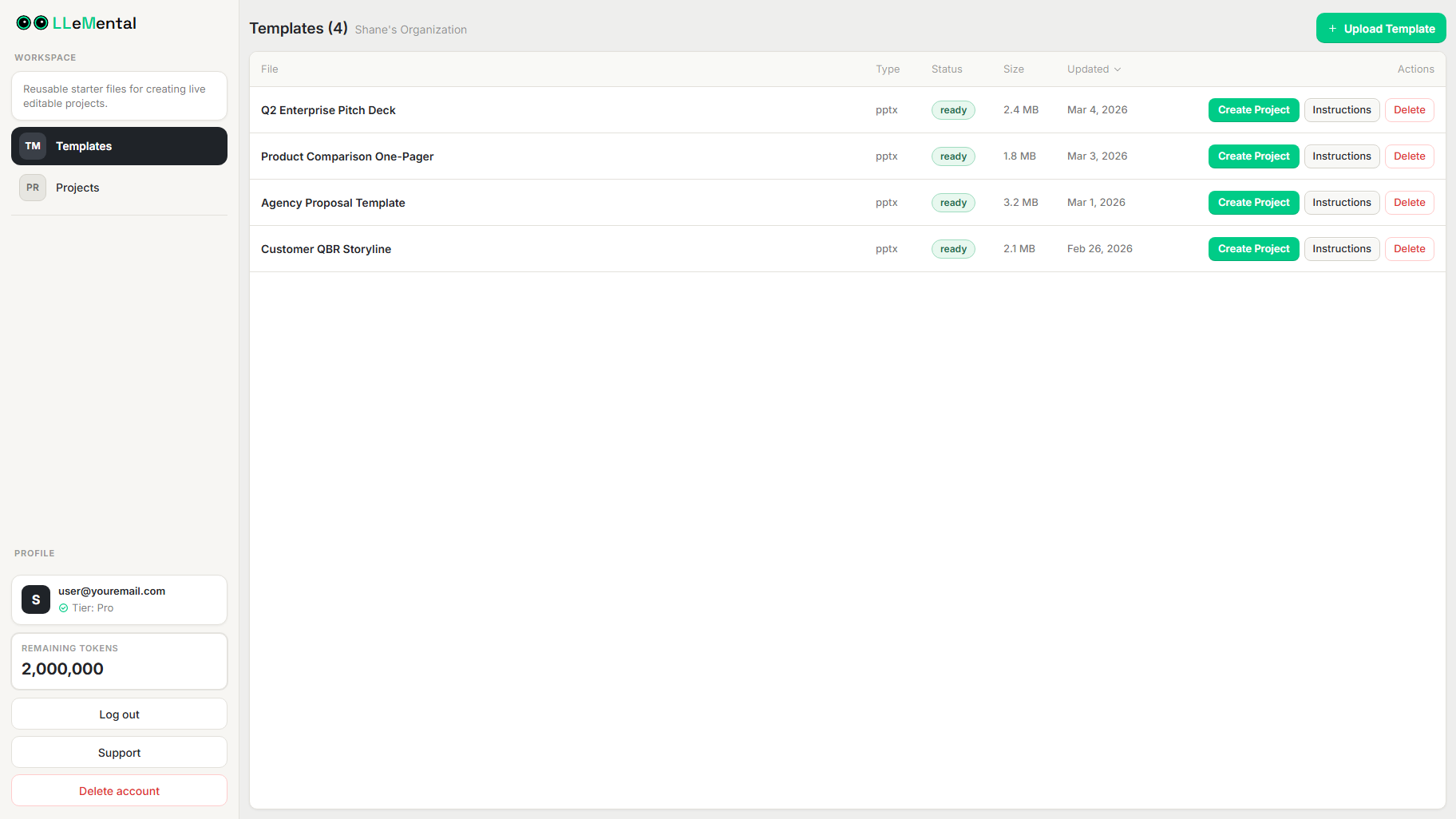 LLeMental best AI presentation maker for business showing uploaded PowerPoint templates ready for instant generation — zero migration time