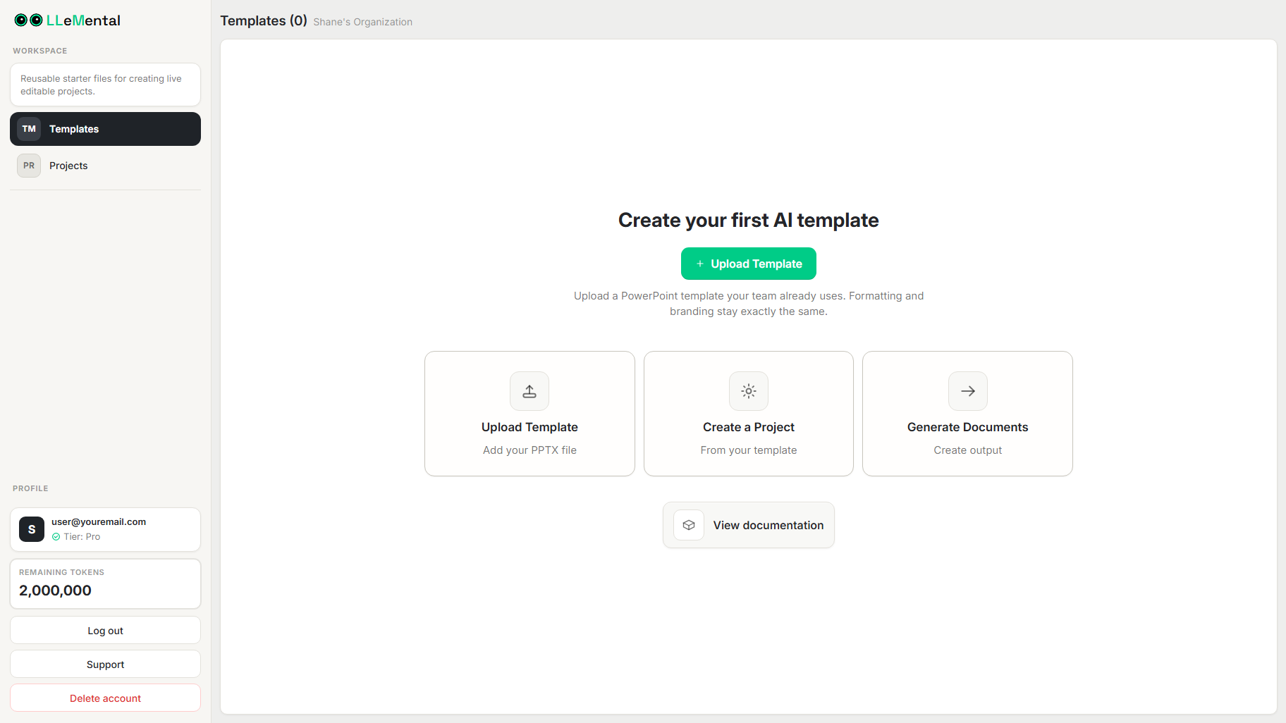 LLeMental AI PowerPoint automation showing template upload — works with existing PowerPoint files instantly, no setup required