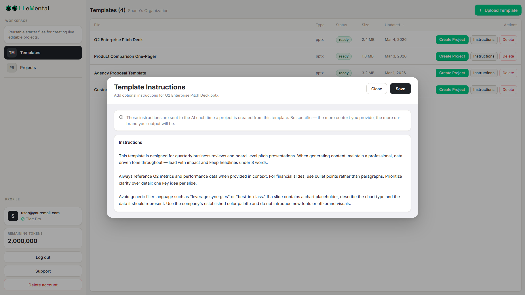 LLeMental optional template instructions modal — global AI generation guidance for powerpoint automation without any required setup
