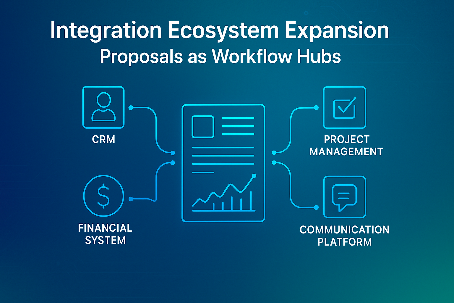 Diagram showing proposal automation software integrating with CRM, project management, and communication tools