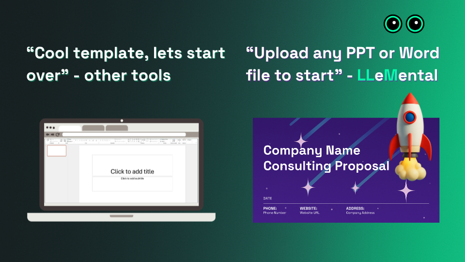 LLeMental template preservation technology showing how existing PowerPoint and Word templates are enhanced with AI automation without rebuilding